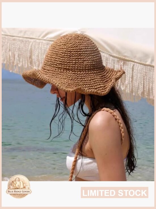 Straw Summer Sun Hat Wide Brim Floppy Bucket Hat Foldable Beach Travel UV